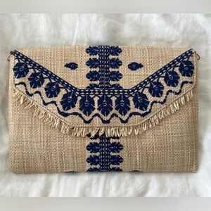 Stella & Dot Raffia Slim Clutch with Navy Embroidered Detailing